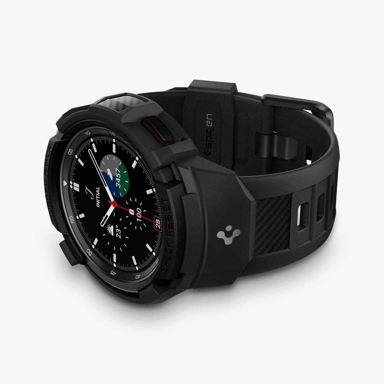 ACS03832 - Galaxy Watch 4 Classic (46mm) Case Rugged Armor Pro in black showing the front and bottom with watch laid on its side