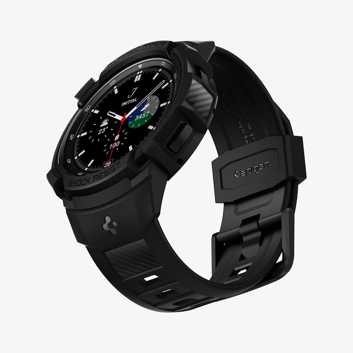 ACS03832 - Galaxy Watch 4 Classic (46mm) Case Rugged Armor Pro in black showing the front, bottom and inside of band