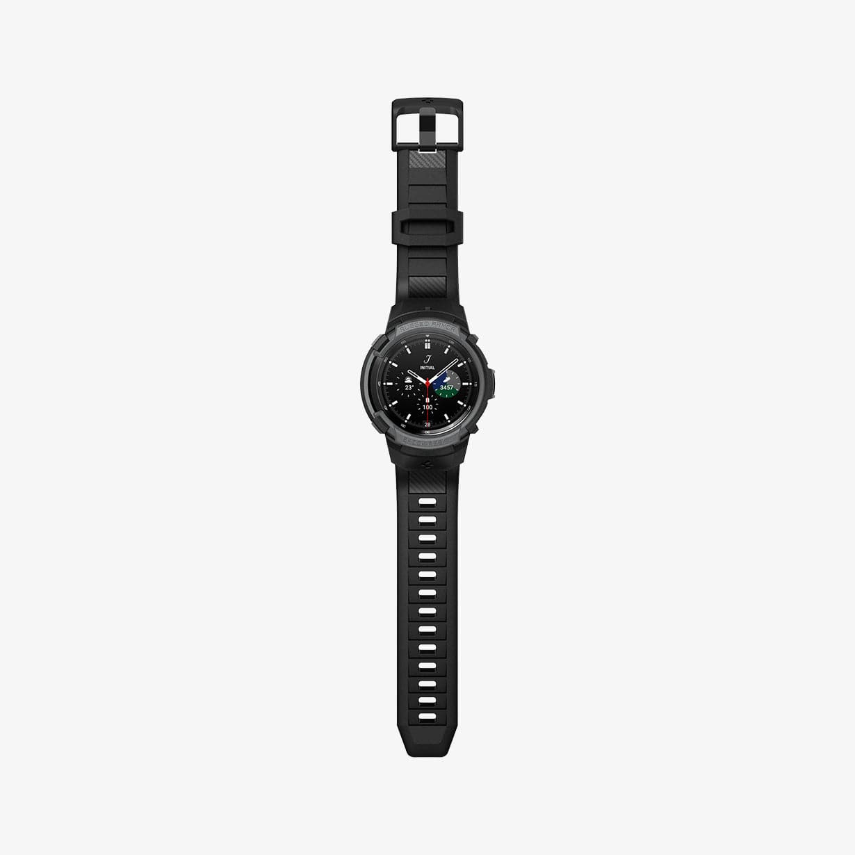 ACS03652 - Galaxy Watch 4 Classic (46mm) Case Rugged Armor Pro in charcoal gray showing the front with watch band laid out flat