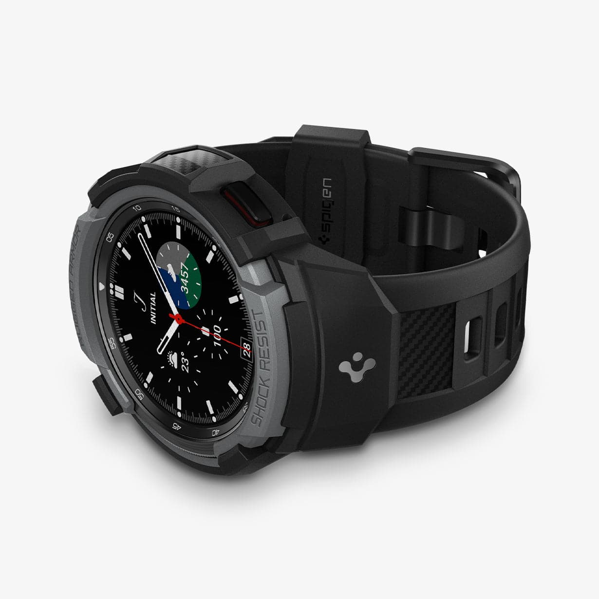 ACS03652 - Galaxy Watch 4 Classic (46mm) Case Rugged Armor Pro in charcoal gray showing the front and bottom with watch laid on its side