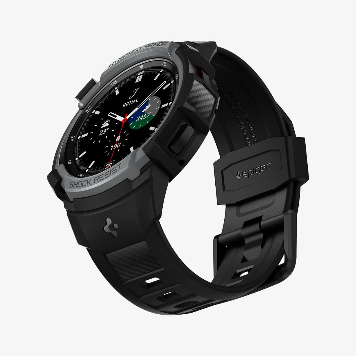 ACS03652 - Galaxy Watch 4 Classic (46mm) Case Rugged Armor Pro in charcoal gray showing the front, bottom and inside of band