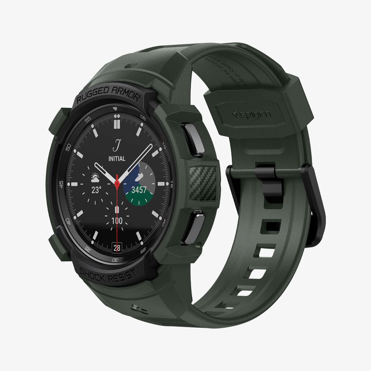 ACS04326 - Galaxy Watch 4 Classic (46mm) Case Rugged Armor Pro in military green showing the front and inside of band
