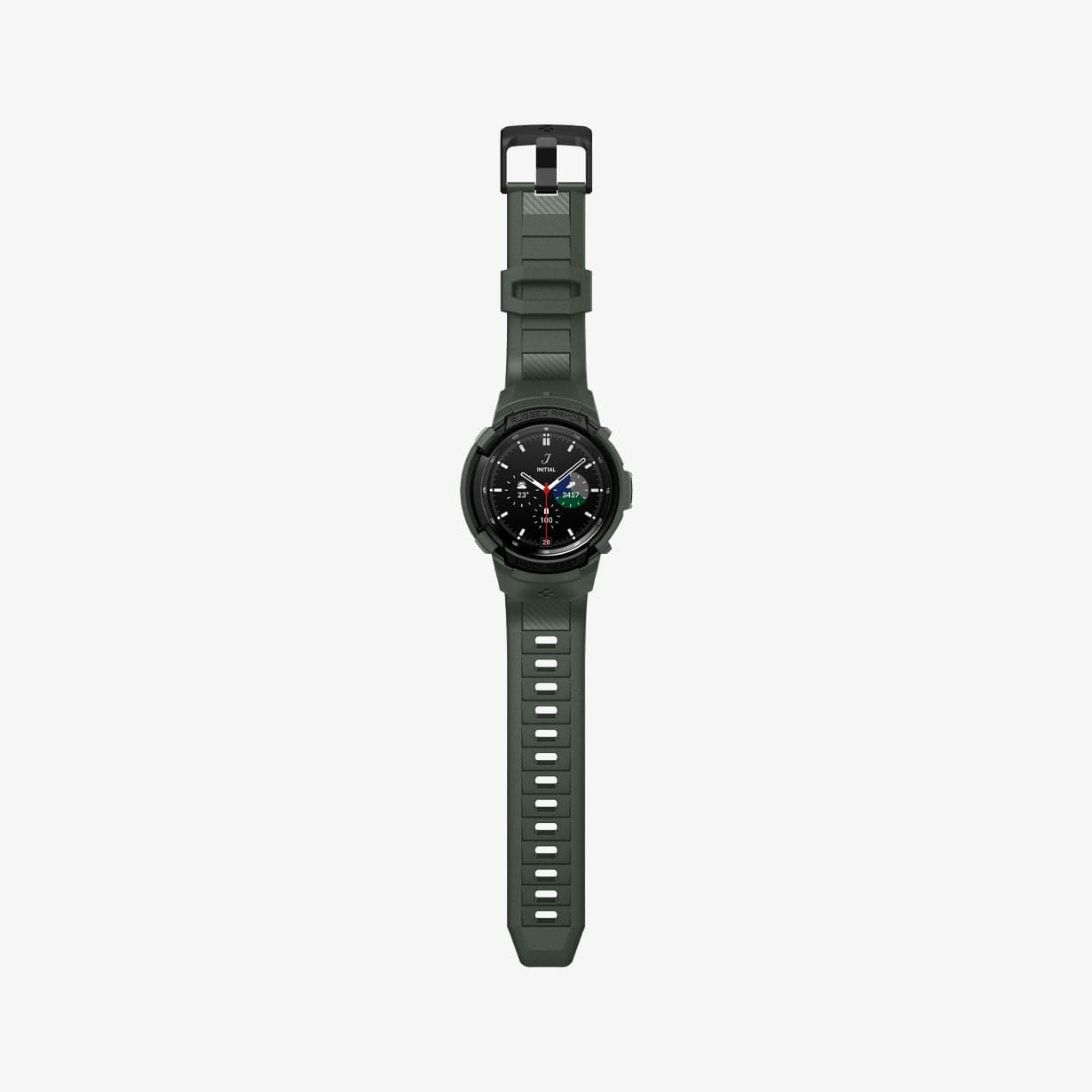 ACS04326 - Galaxy Watch 4 Classic (46mm) Case Rugged Armor Pro in military green showing the front with watch band laid out flat