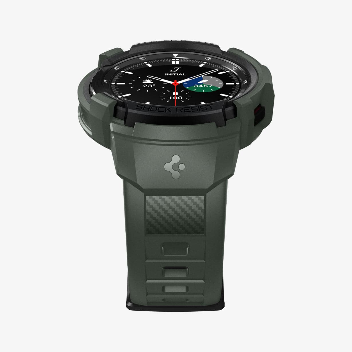 ACS04326 - Galaxy Watch 4 Classic (46mm) Case Rugged Armor Pro in military green showing the bottom and front