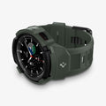 ACS04326 - Galaxy Watch 4 Classic (46mm) Case Rugged Armor Pro in military green showing the front and bottom with watch laid on its side