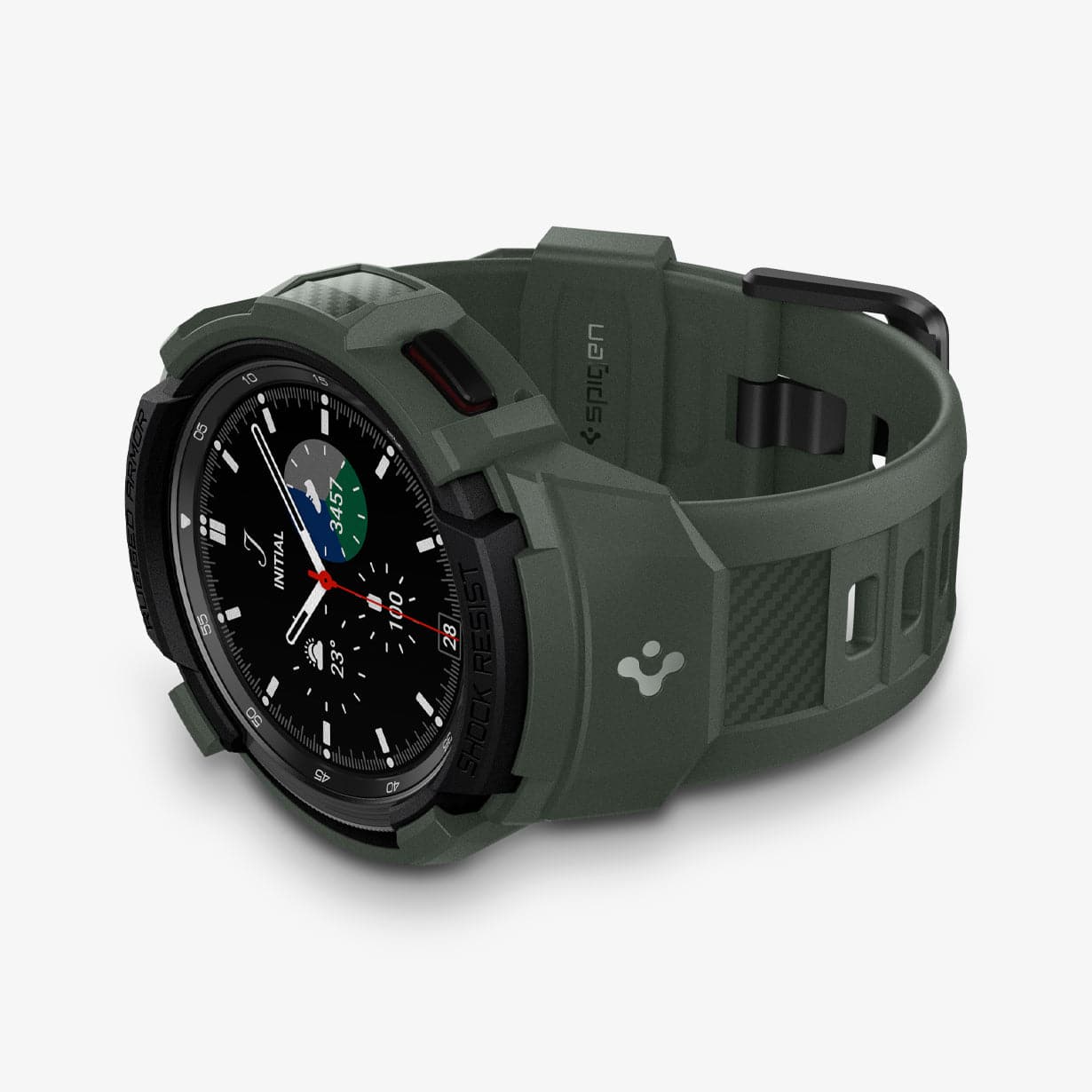 ACS04326 - Galaxy Watch 4 Classic (46mm) Case Rugged Armor Pro in military green showing the front and bottom with watch laid on its side