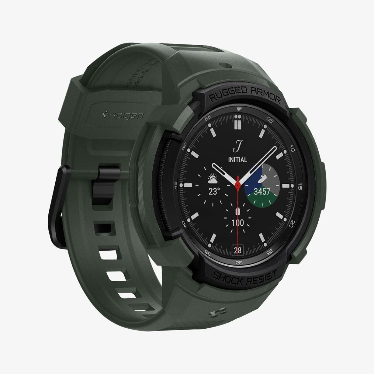 ACS04326 - Galaxy Watch 4 Classic (46mm) Case Rugged Armor Pro in military green showing the front and side