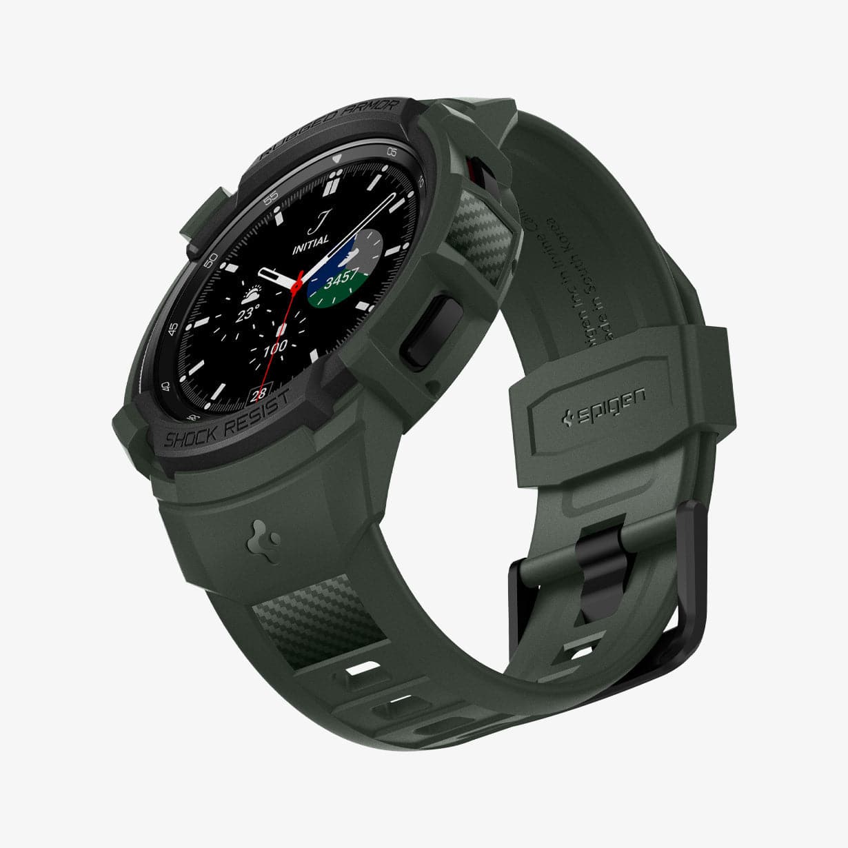 ACS04326 - Galaxy Watch 4 Classic (46mm) Case Rugged Armor Pro in military green showing the front, bottom and inside of band