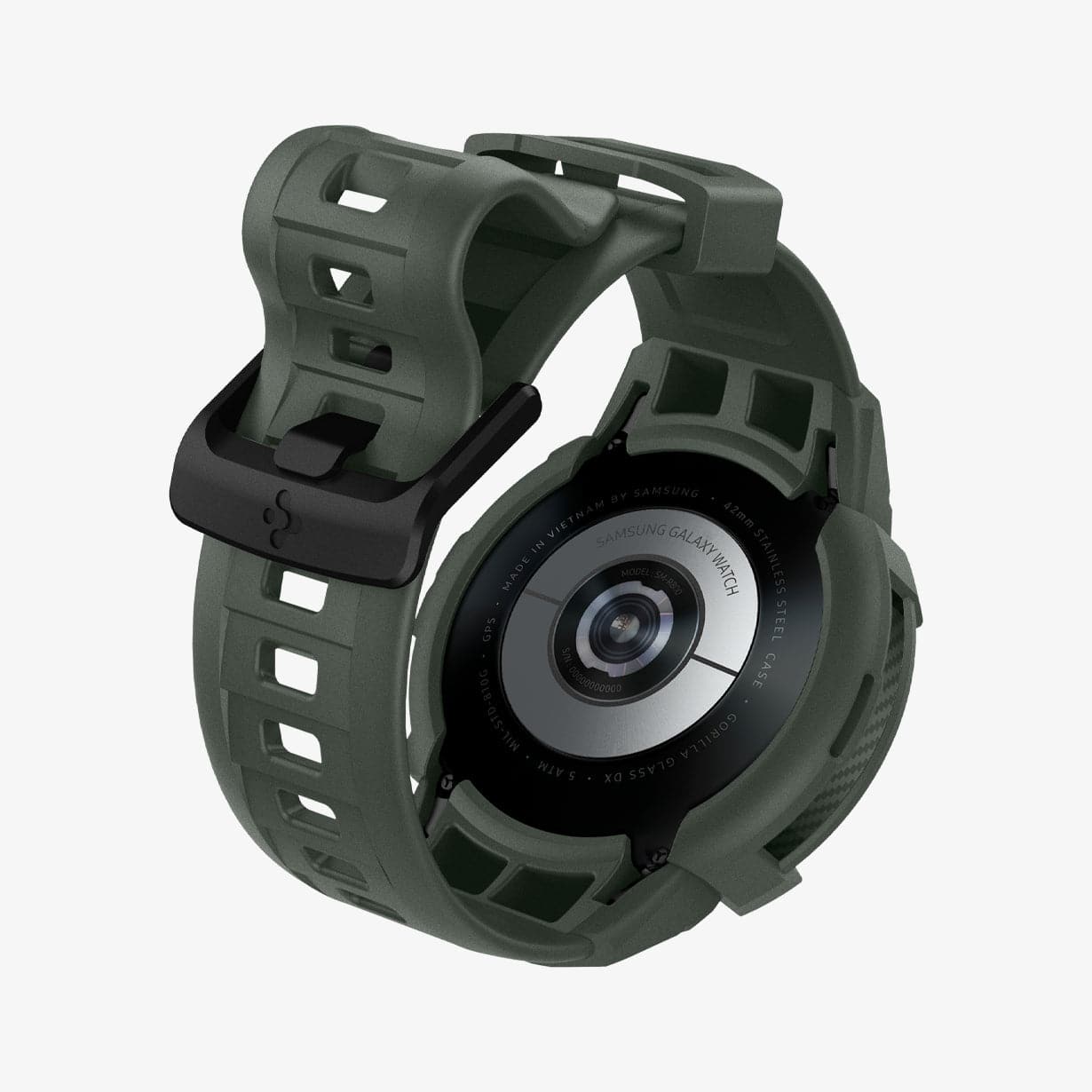 ACS04326 - Galaxy Watch 4 Classic (46mm) Case Rugged Armor Pro in military green showing the back and inside of band