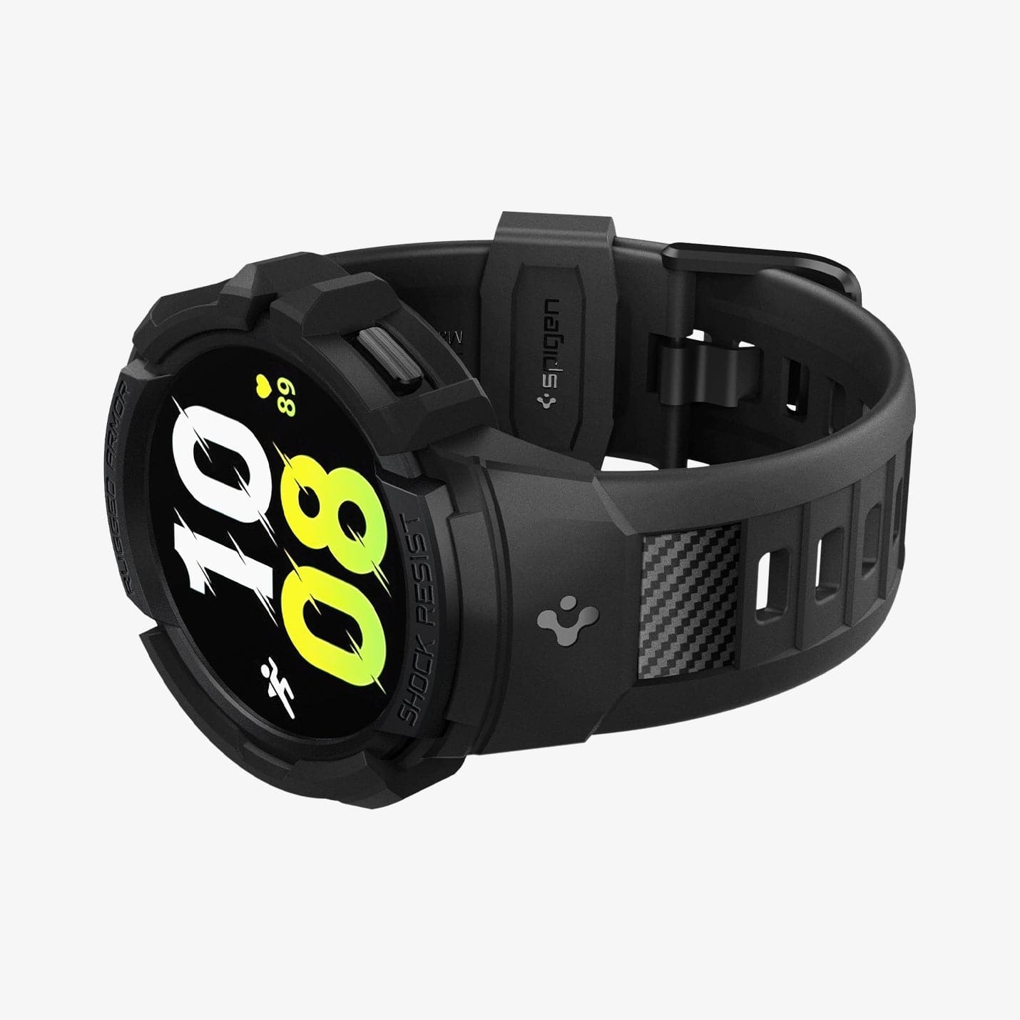 ACS03831 - Galaxy Watch 5/4 (40mm) Case Rugged Armor Pro in black showing the front and bottom with watch laid on its side