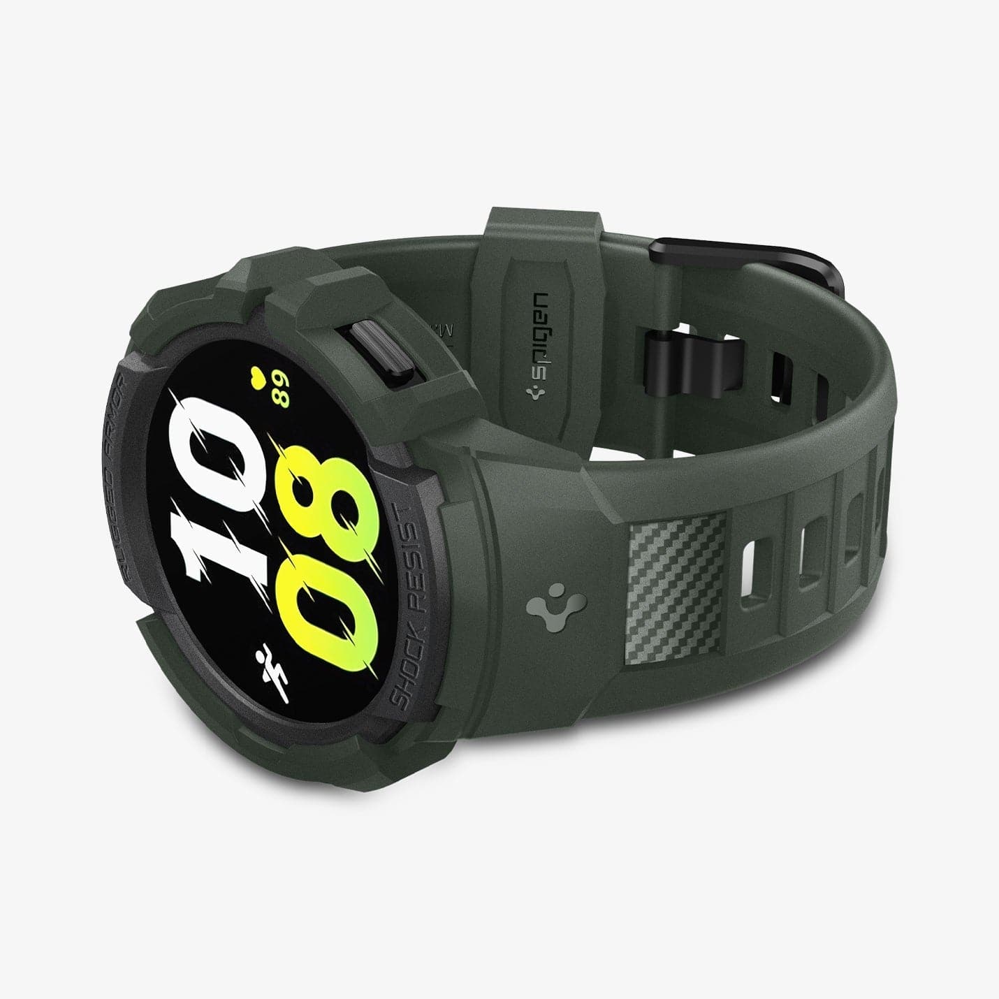 ACS04325 - Galaxy Watch 5/4 (44mm) Case Rugged Armor Pro in military green showing the front and bottom with watch laid on its side