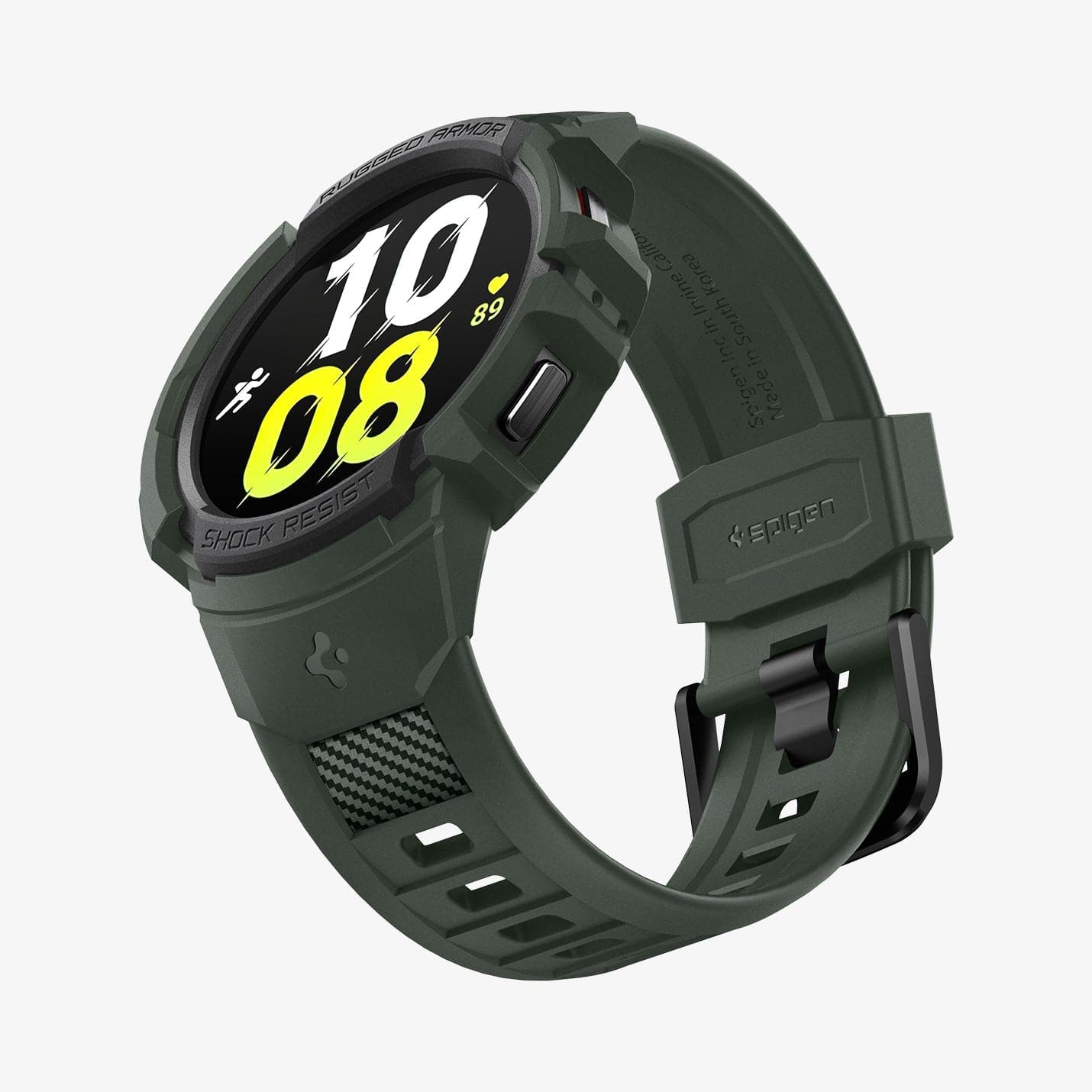 ACS04325 - Galaxy Watch 5/4 (44mm) Case Rugged Armor Pro in military green showing the front, bottom and inside of band