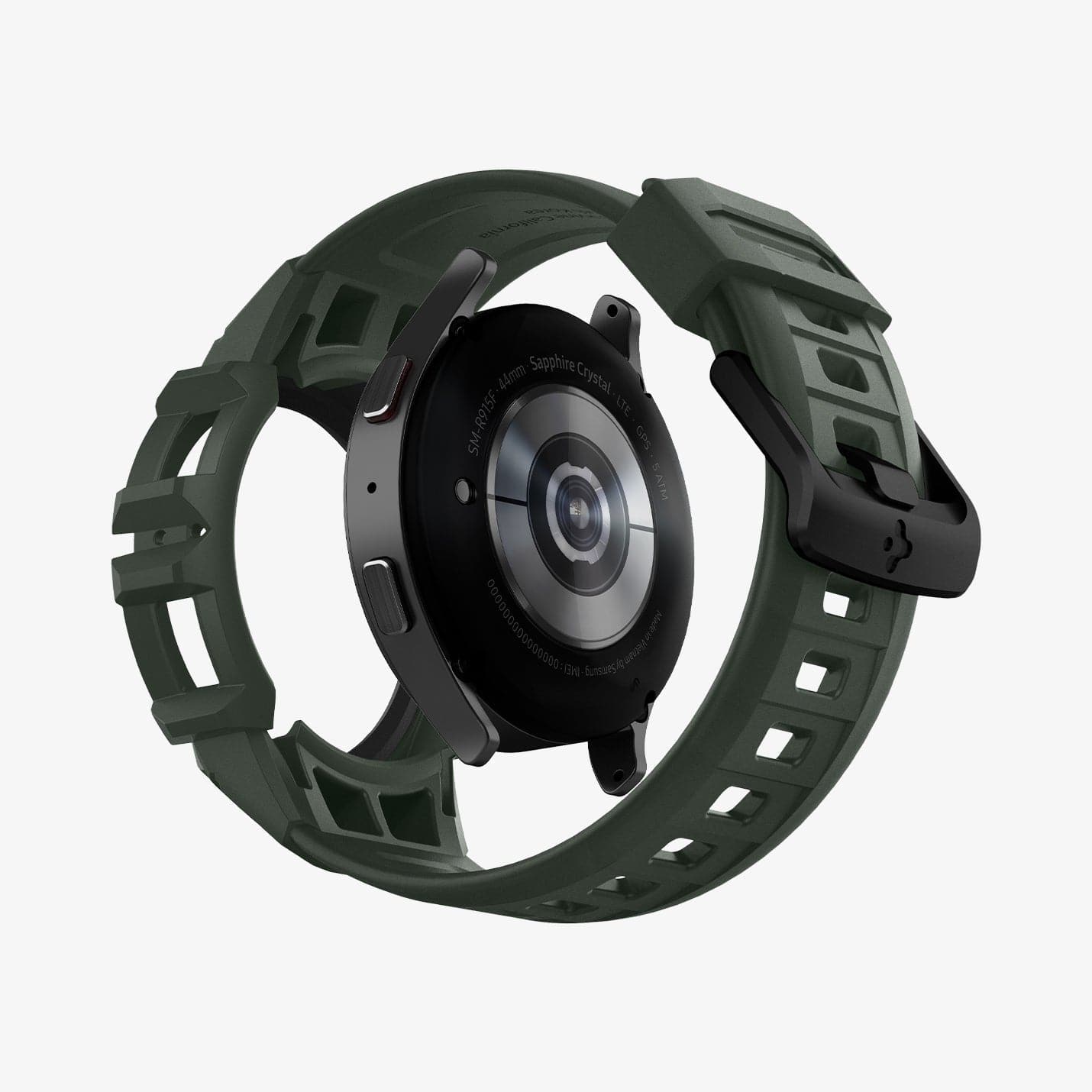 ACS04325 - Galaxy Watch 5/4 (44mm) Case Rugged Armor Pro in military green showing the back with watch face hovering away from band