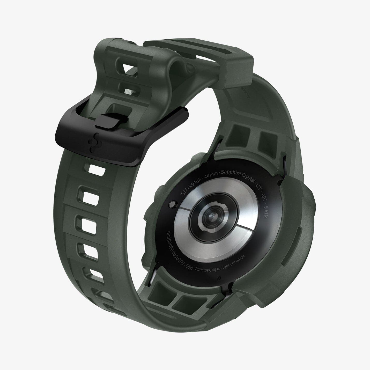 ACS04325 - Galaxy Watch 5/4 (44mm) Case Rugged Armor Pro in military green showing the back and inside of band