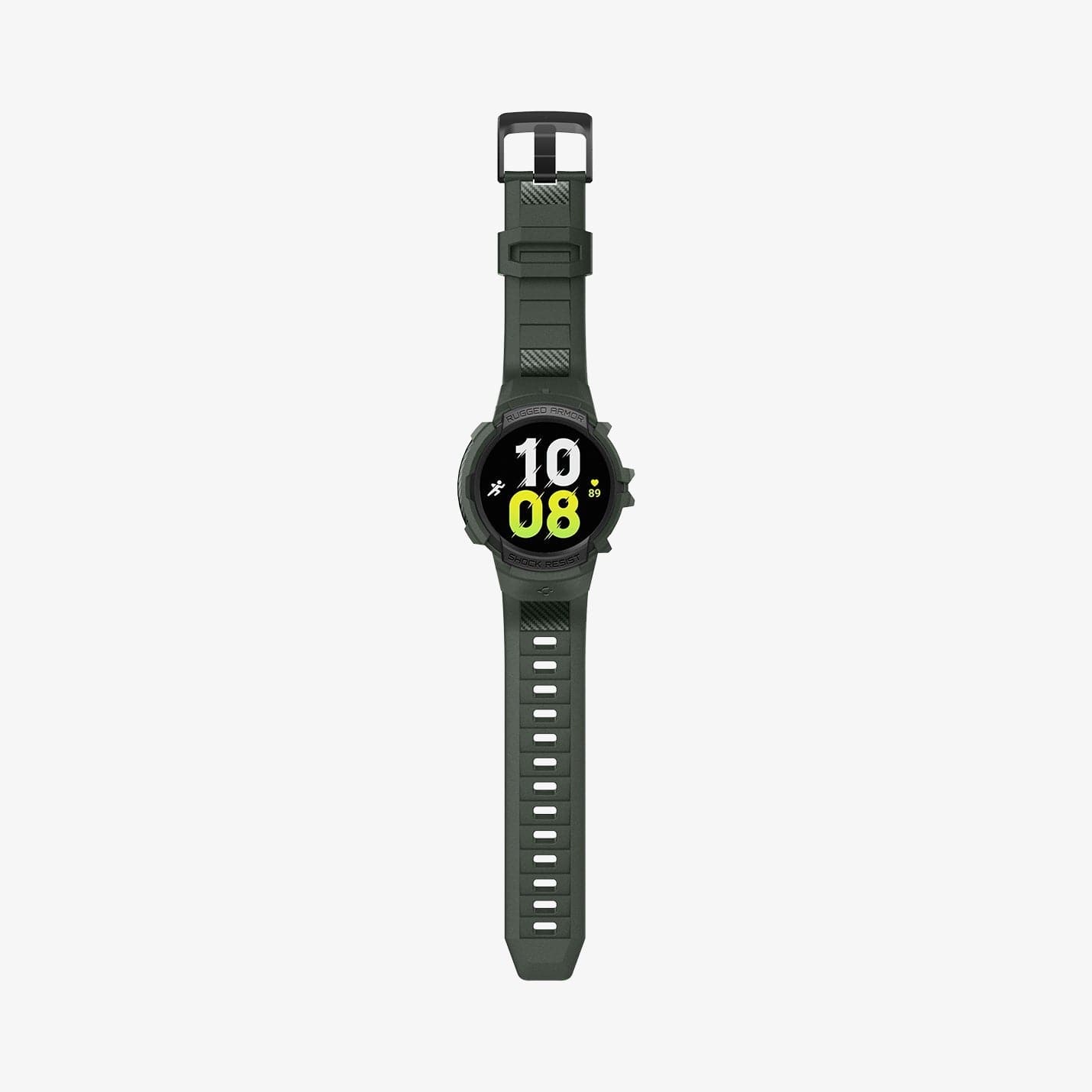 ACS04325 - Galaxy Watch 5/4 (44mm) Case Rugged Armor Pro in military green showing the front with watch band laid out flat