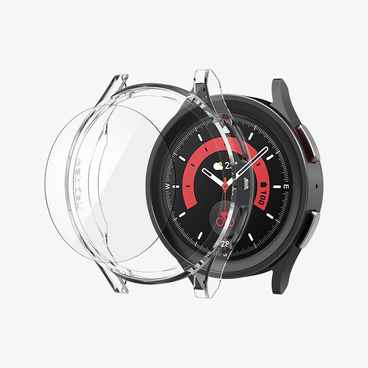 ACS05400 - Galaxy Watch 5 Pro (45mm) Case Thin Fit Glass in crystal clear showing the case hovering slightly in front of watch face