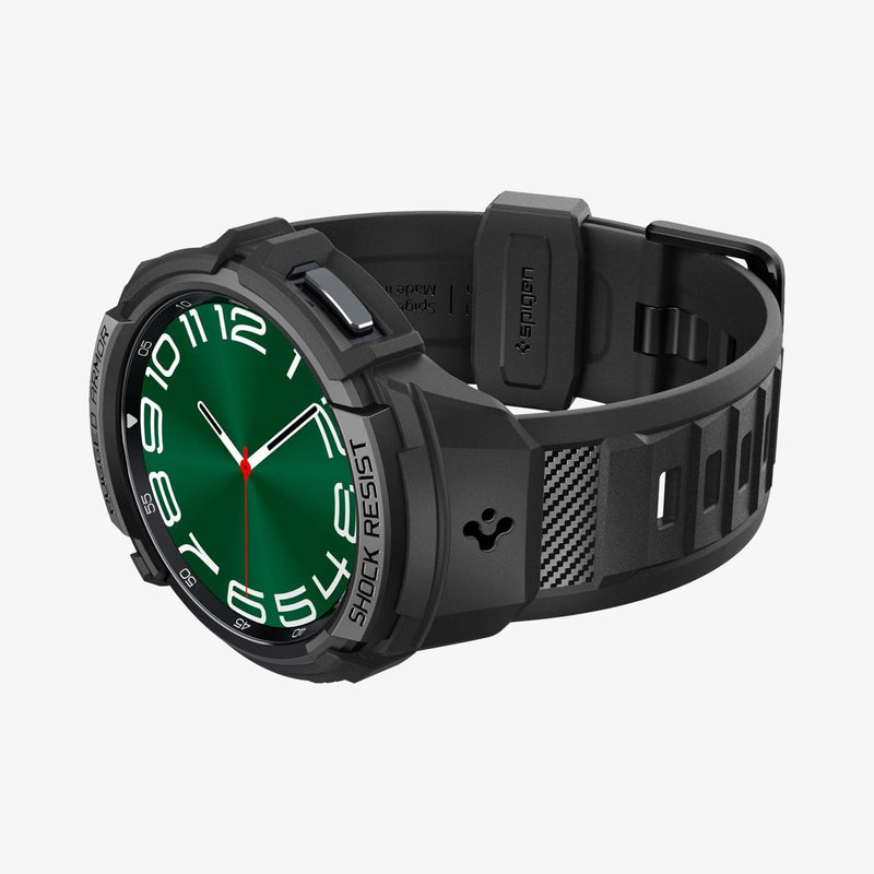 ACS06488 - Galaxy Watch 6 Classic (47mm) Case Rugged Armor Pro in black showing the front and bottom with watch laying on its side