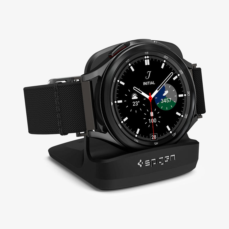 AMP01859 - Galaxy Watch Night Stand S352 in black showing the front and side with watch on stand