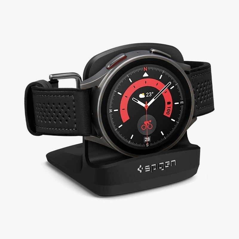 AMP05302 - Galaxy Watch Night Stand S353 in black showing the front and partial side with watch on stand