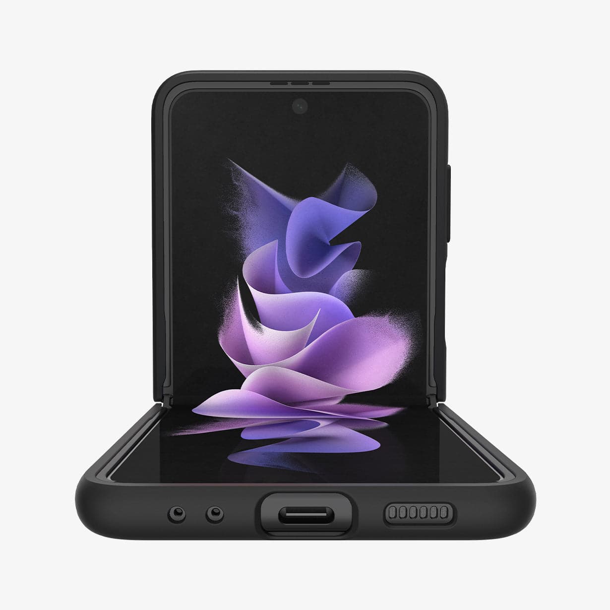 ACS03079 - Galaxy Z Flip 3 Case Thin Fit in black showing the inside and bottom with device opened halfway
