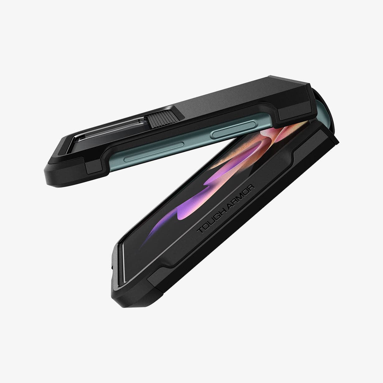 ACS03082 - Galaxy Z Flip 3 Case Tough Armor in black showing the side with device partially closed