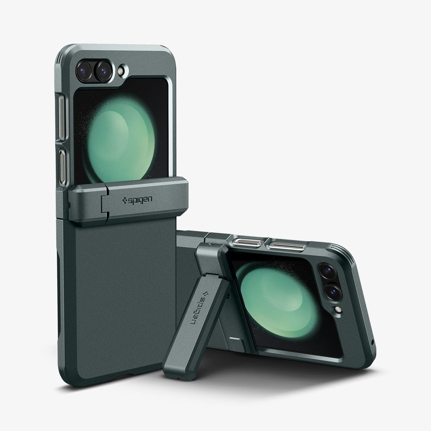 ACS06228 - Galaxy Z Flip 5 Case Tough Armor Pro in abyss green showing the back of one device and another device propped up by built in kickstand