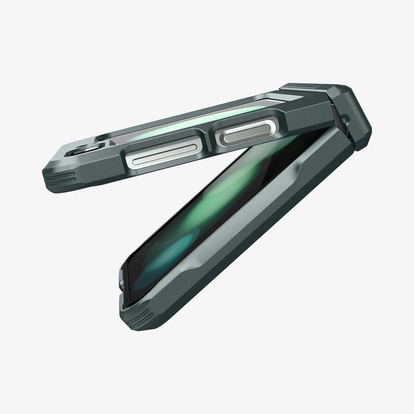 ACS06228 - Galaxy Z Flip 5 Case Tough Armor Pro in abyss green showing the side and partial inside with device slightly open
