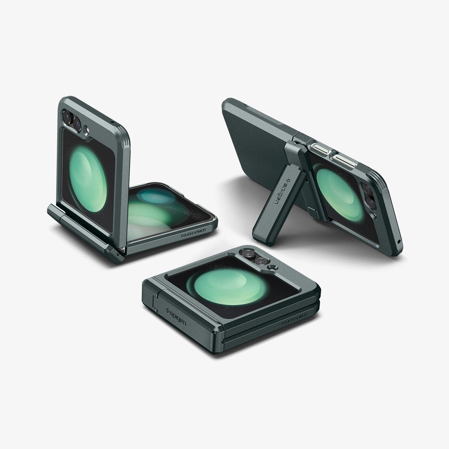 ACS06228 - Galaxy Z Flip 5 Case Tough Armor Pro in abyss green showing the back and side of multiple devices