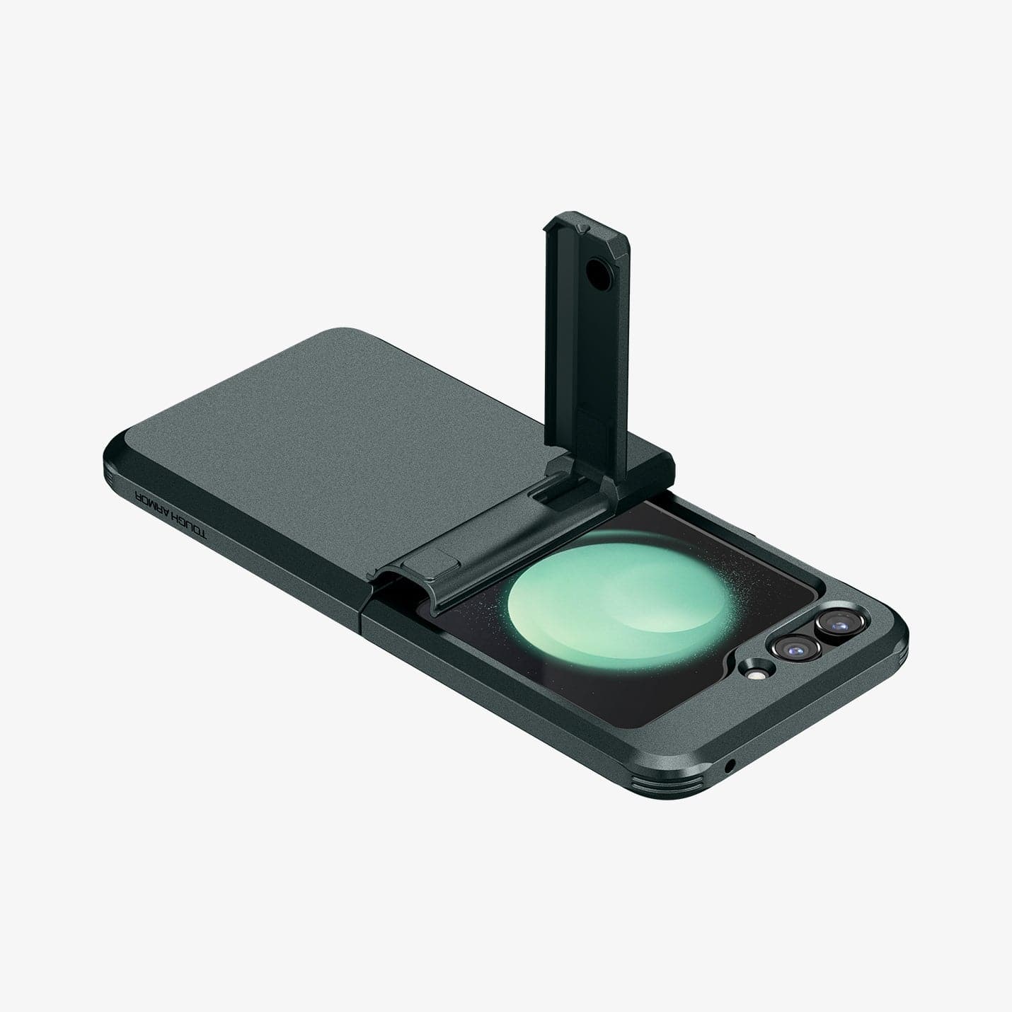 ACS06228 - Galaxy Z Flip 5 Case Tough Armor Pro in abyss green showing the device laying flat and kickstand extended out