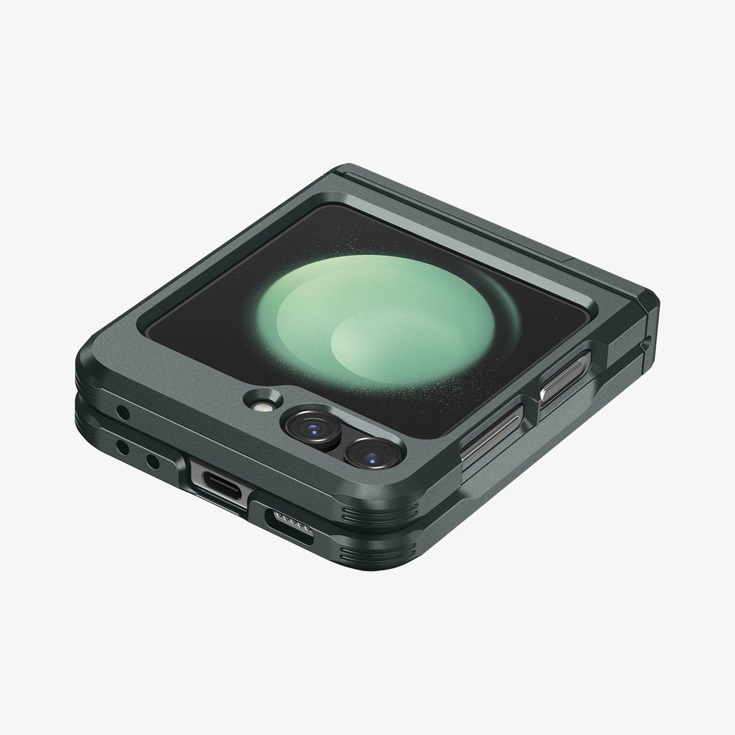 ACS06228 - Galaxy Z Flip 5 Case Tough Armor Pro in abyss green showing the back, side and bottom with device folded
