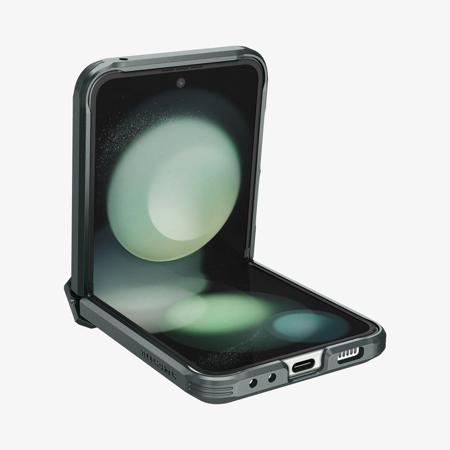 ACS06228 - Galaxy Z Flip 5 Case Tough Armor Pro in abyss green showing the front and side with phone half open