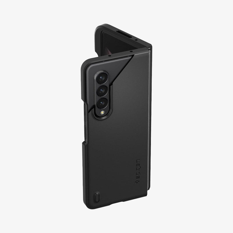 ACS03688 - Galaxy Z Fold 3 Case Thin Fit Pro in black showing the top and back with part of case cut open to show the thinness of case