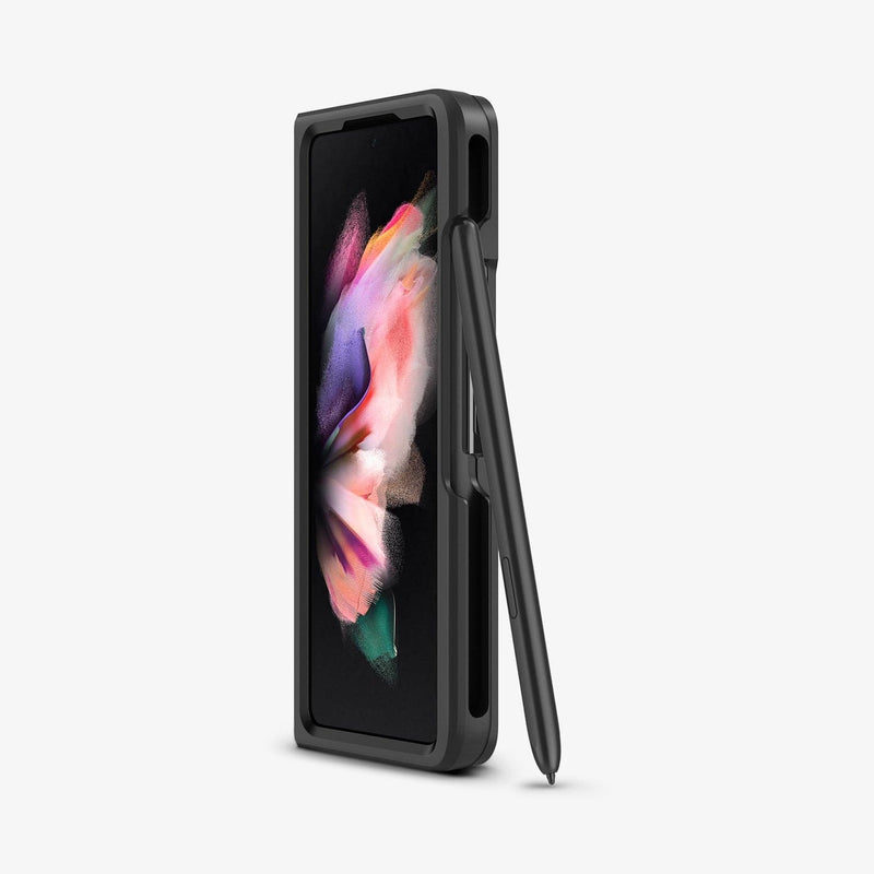 ACS03688 - Galaxy Z Fold 3 Case Thin Fit Pro in black showing the front and slot with s pen in front