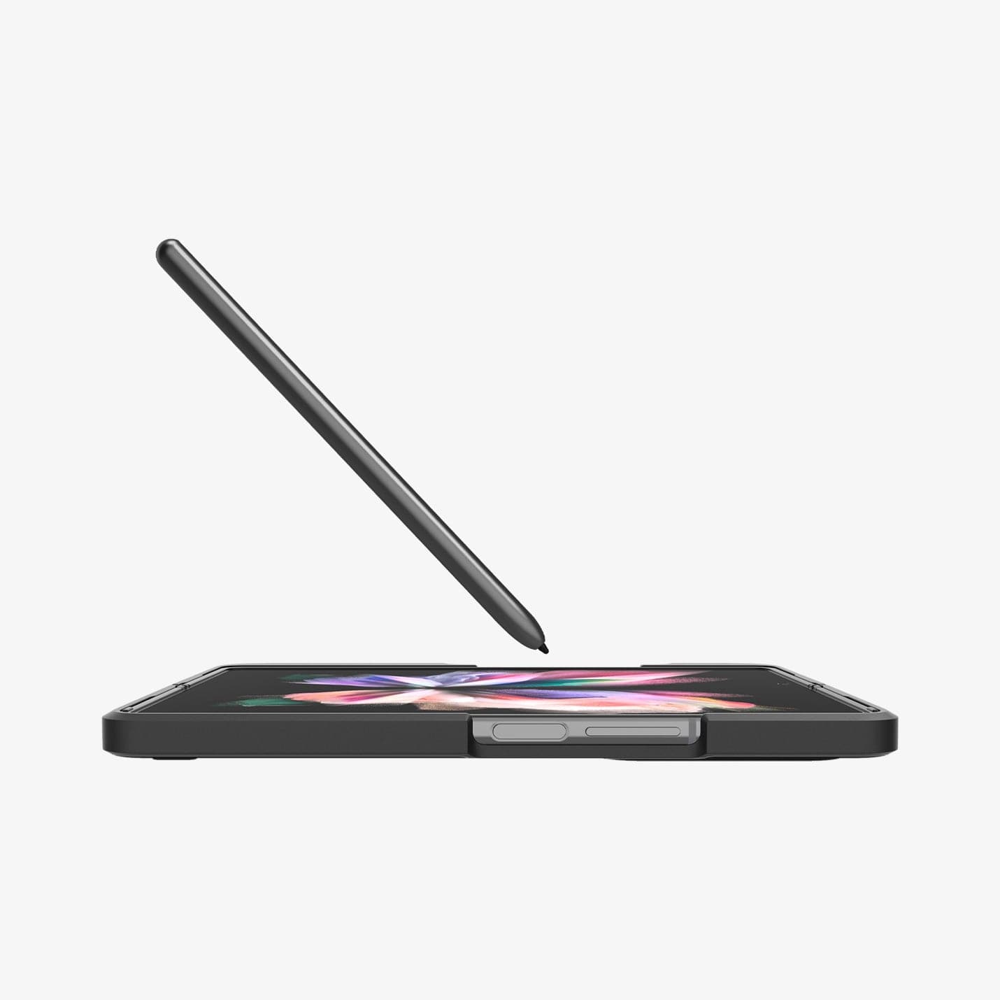 ACS03688 - Galaxy Z Fold 3 Case Thin Fit Pro in black showing the side with device opened up laying flat and pen hovering above