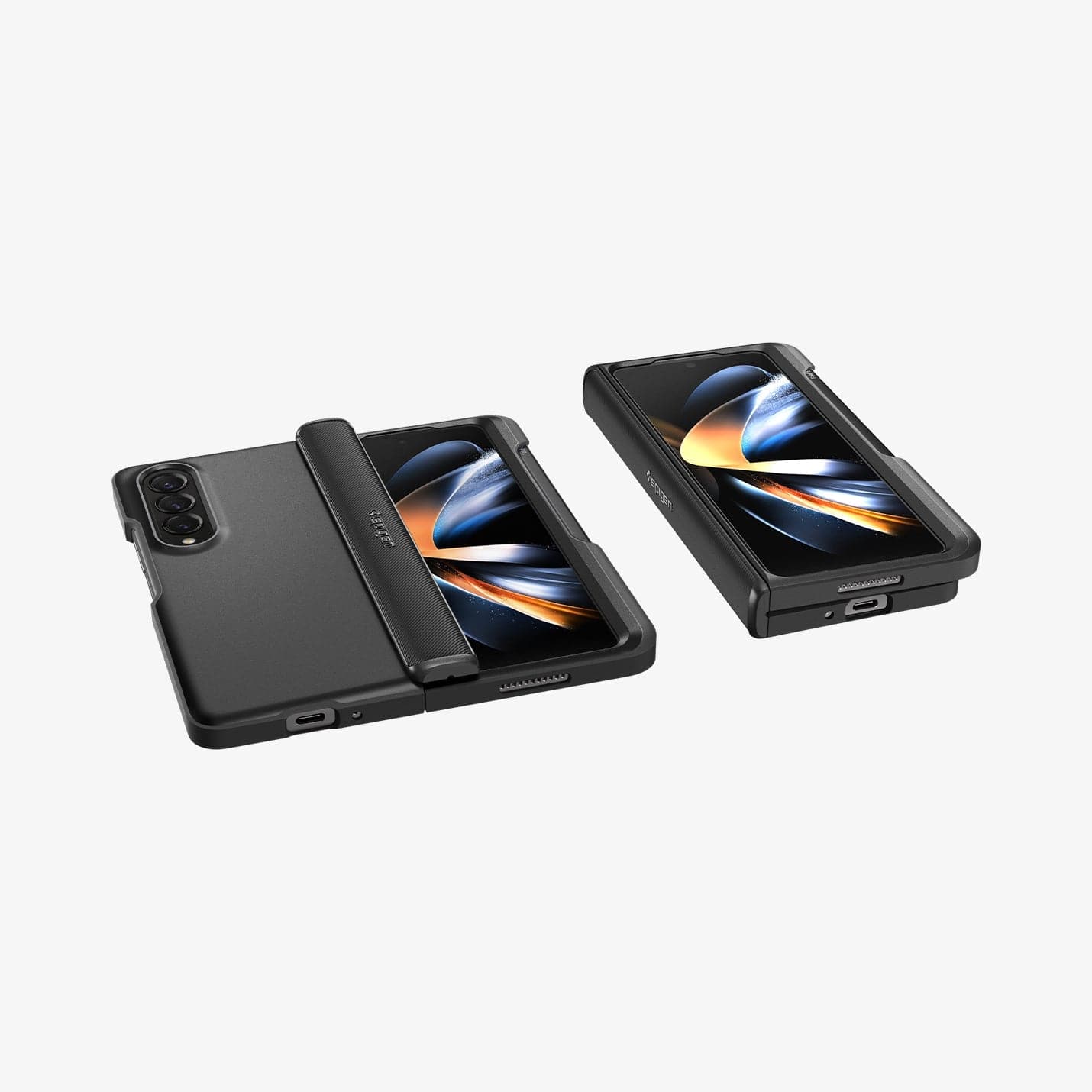 ACS05186 - Galaxy Z Fold 4 Case Slim Armor Pro Pen Edition in black showing the back and front of one device and the front with device folded