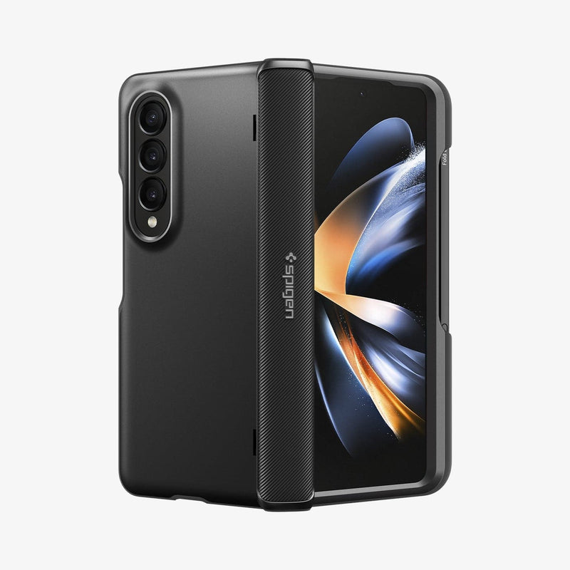 ACS05186 - Galaxy Z Fold 4 Case Slim Armor Pro Pen Edition in black showing the back, fold area with Spigen logo and front
