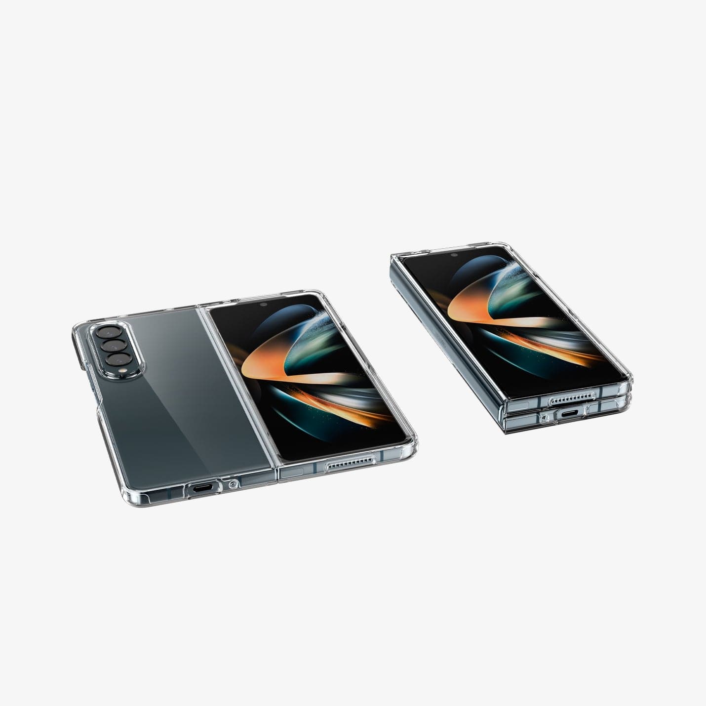 ACS05100 - Galaxy Z Fold 4 Case Ultra Hybrid in crystal clear showing the back and front with device laying flat and the front with device folded next to it