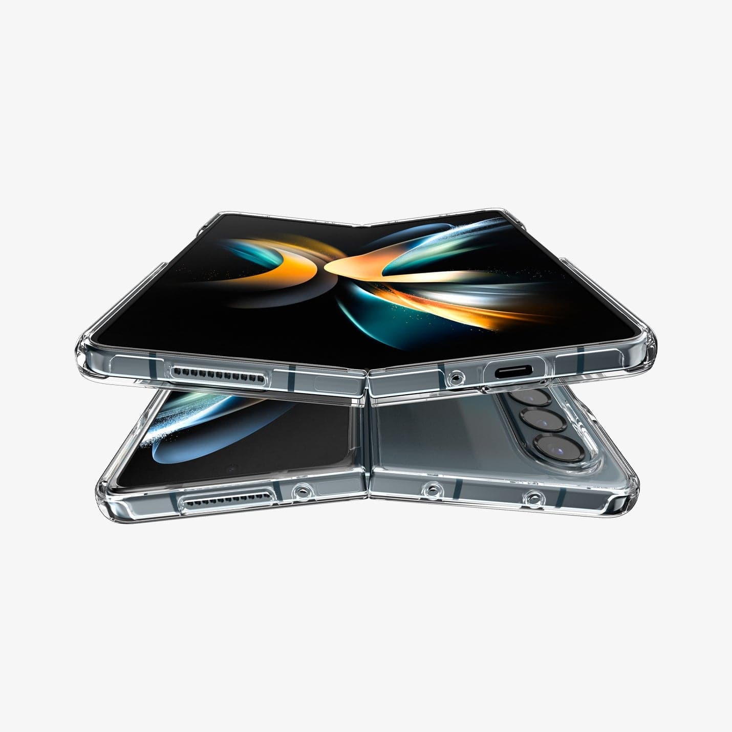 ACS05100 - Galaxy Z Fold 4 Case Ultra Hybrid in crystal clear showing the front and bottom of device and front, back and top of another device hovering below