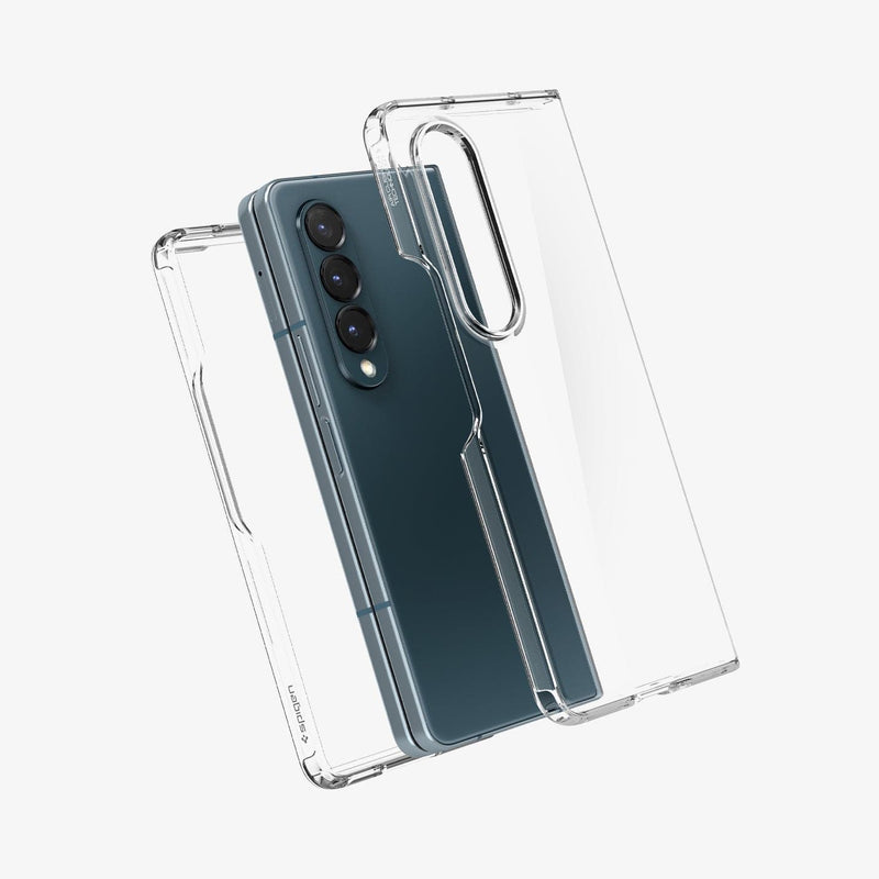 ACS05100 - Galaxy Z Fold 4 Case Ultra Hybrid in crystal clear showing the front and back case hovering away from device in the middle