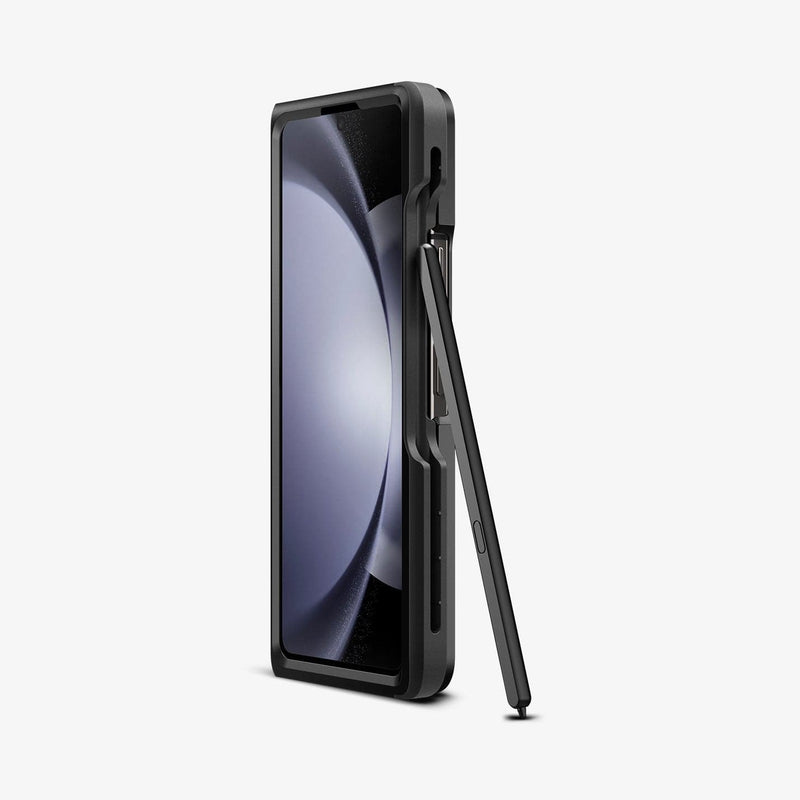 ACS06209 - Galaxy Z Fold 5 Case Thin Fit Pro in black showing the front folded with pen leaning against device
