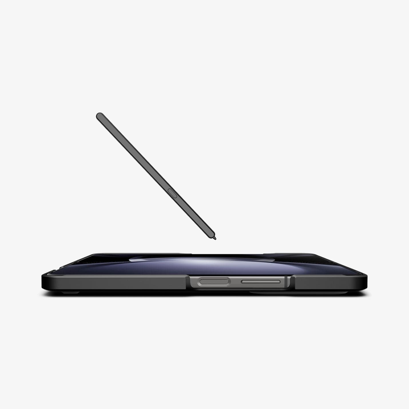 ACS06209 - Galaxy Z Fold 5 Case Thin Fit Pro in black showing the front and side with device laying flat and pen hovering above