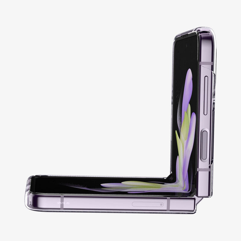 ACS05112 - Galaxy Z Flip 4 Case AirSkin in crystal clear showing the side and partial front with device halfway open