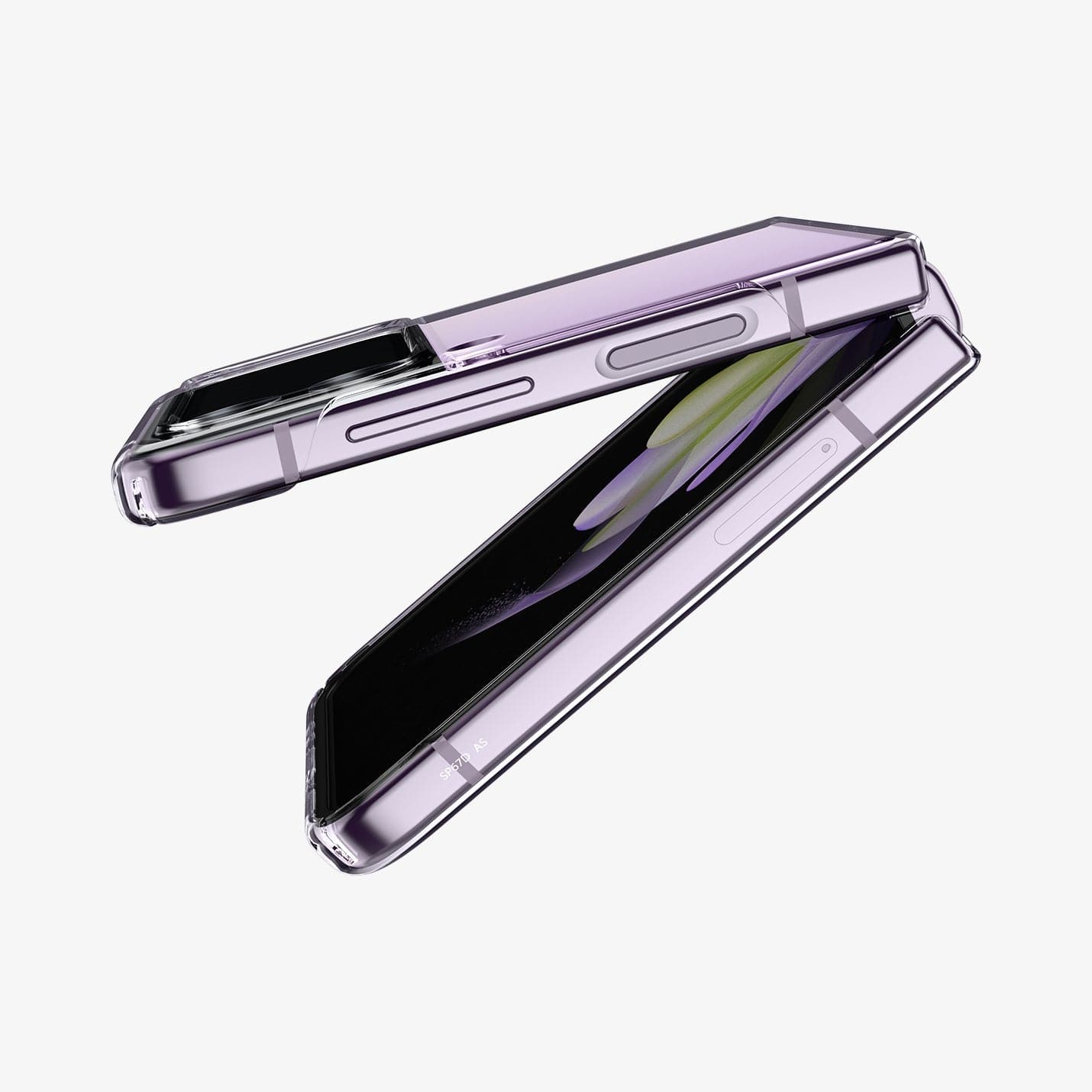 ACS05112 - Galaxy Z Flip 4 Case AirSkin in crystal clear showing the side, partial back and front with device slightly open