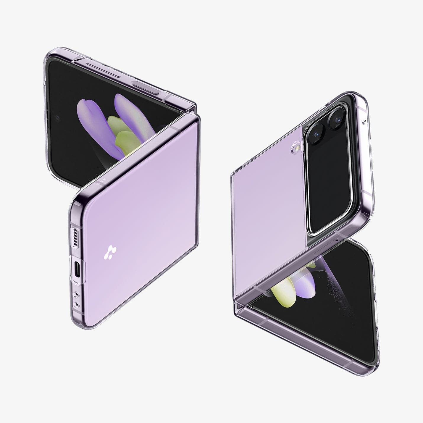 ACS05112 - Galaxy Z Flip 4 Case AirSkin in crystal clear showing the back, side and partial front of two devices