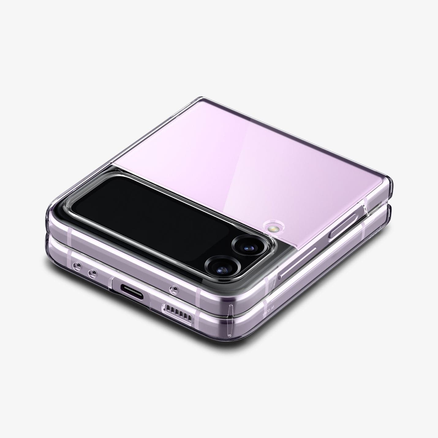 ACS05112 - Galaxy Z Flip 4 Case AirSkin in crystal clear showing the back and side with camera lens with device folded