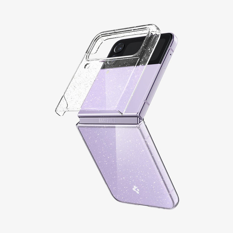ACS05113 - Galaxy Z Flip 4 Case Air Skin Glitter in crystal quartz showing the back and hinge with device halfway open and case hovering away from device