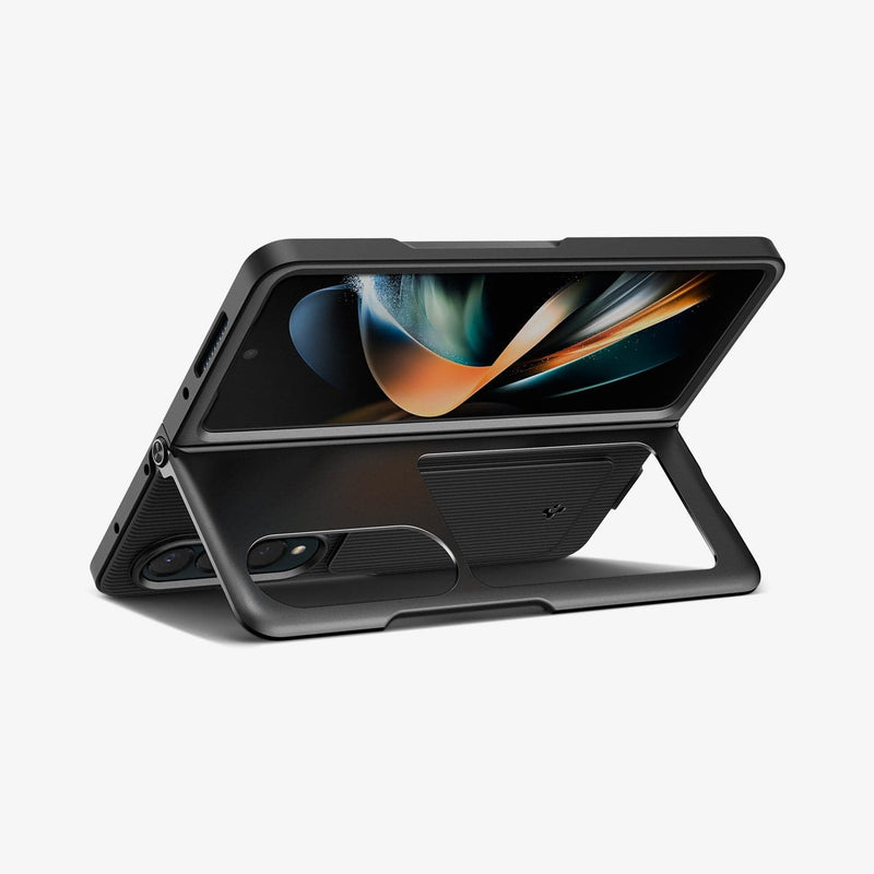 ACS05106 - Galaxy Z Fold 4 Case Neo Hybrid S in black showing the device being propped up horizontally by built in kickstand