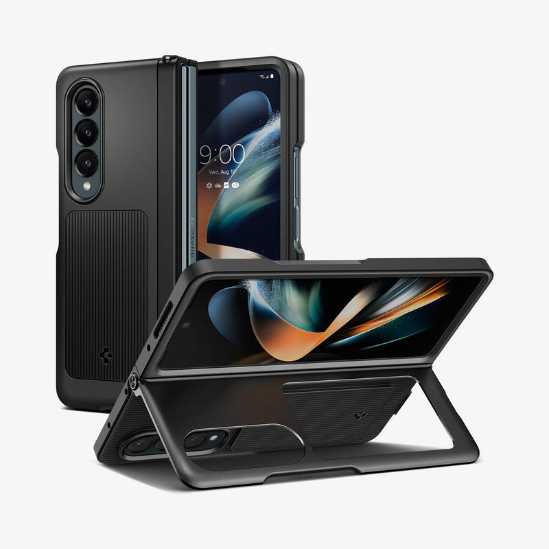 ACS05106 - Galaxy Z Fold 4 Case Neo Hybrid S in black showing the back, front and device being propped up horizontally by built in kickstand