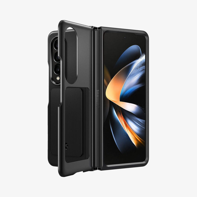 ACS05106 - Galaxy Z Fold 4 Case Neo Hybrid S in black showing the front, partial back and built in kickstand extended out