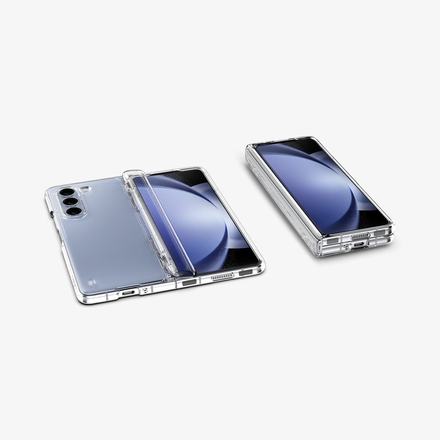 ACS06516 - Galaxy Z Fold 5 Case Thin Fit Pro in crystal clear showing the back and front of one device and the front of another device folded